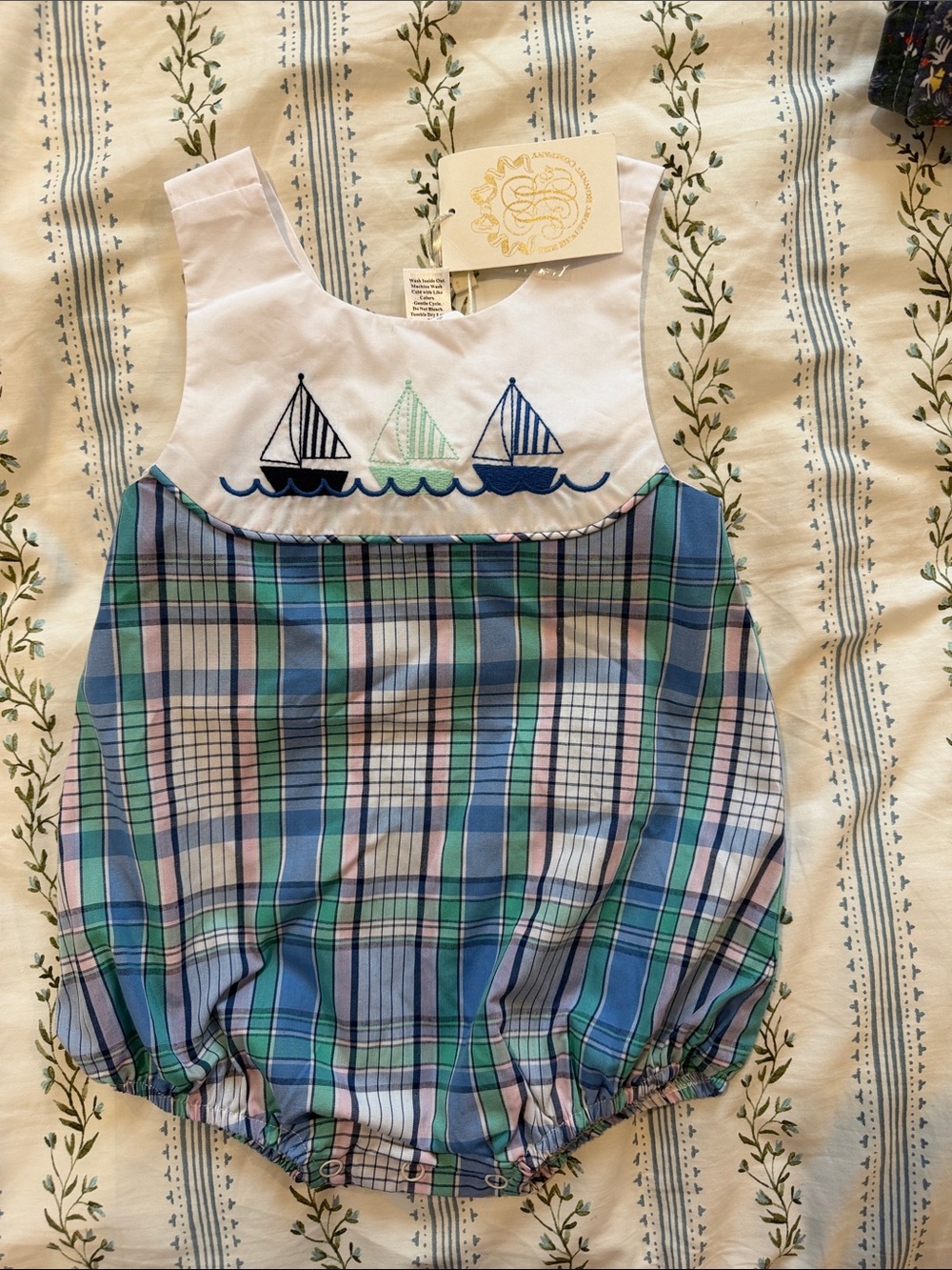 The Beaufort Bonnet Company White Bodice Blue & Green Plaid Sailboat Bubble